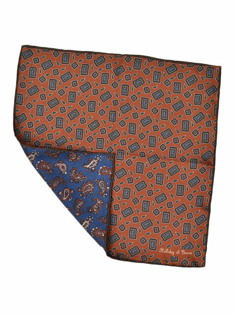 Holliday&Brown【ホリデーアンドブラウン】チーフ 4472 35570 3 ダブルプリント シルク ジオメトリック×ペイズリー オレンジ×ブラウン