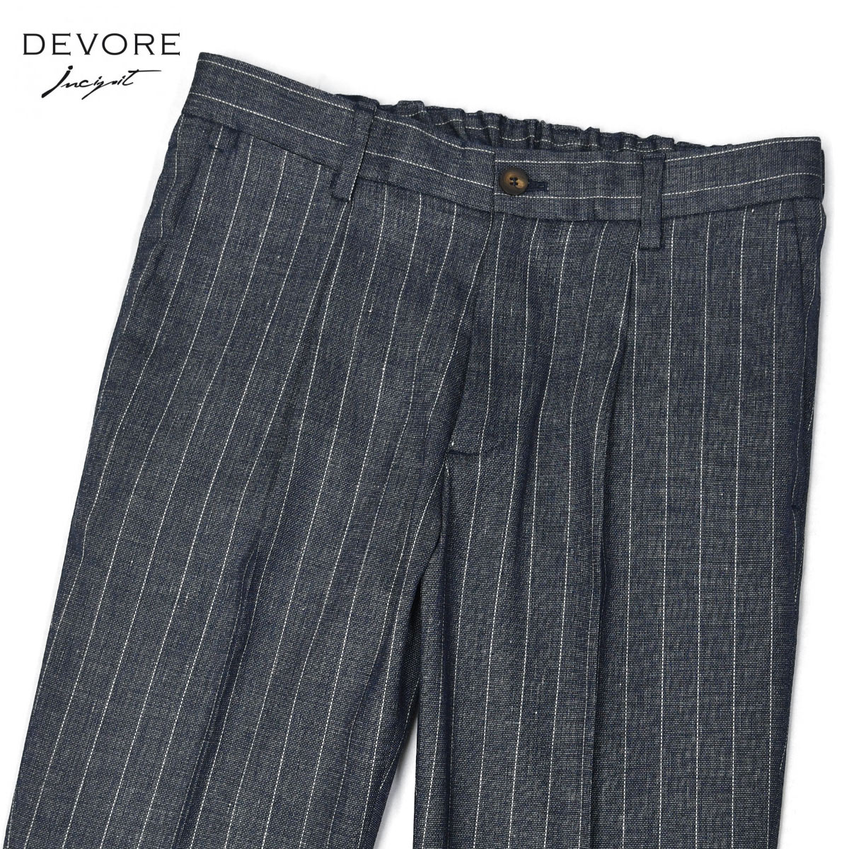 Rakuten - 【6/4(木)20：00〜 最大5,000円オフクーポン】DEVORE Incipit【デヴォレ インチピット】ワンプリーツイージーパンツ DVR15 F1081 394 ポリエステル リネン ビスコース ストライプ インディゴ×ホワイト