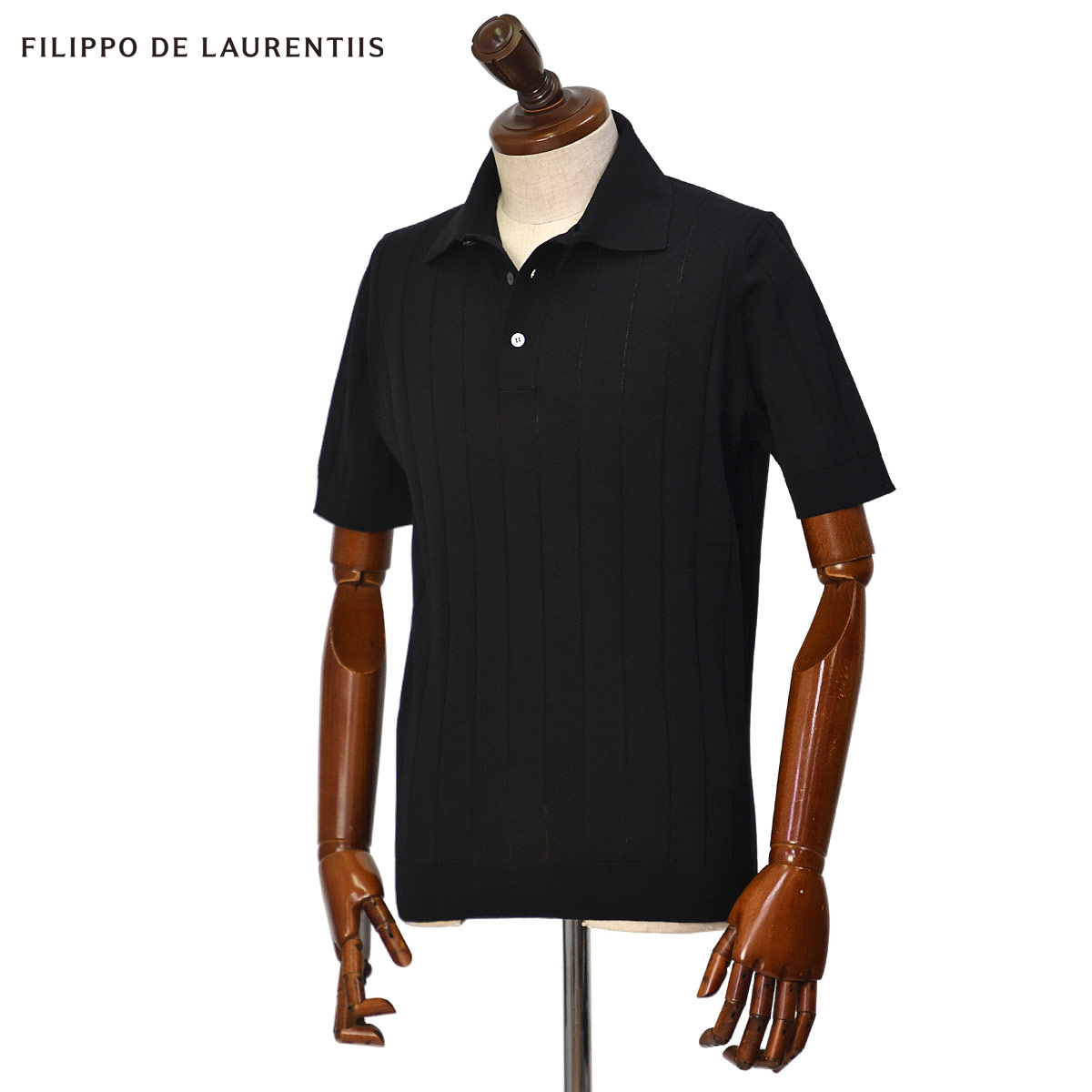 FILIPPO DE LAURENTIIS【フィリッポ デ ローレンティス】半袖ニットポロ PL1MC13 CR12C 990 クレープコットン 12G ハリヌキストライプ ブラック
