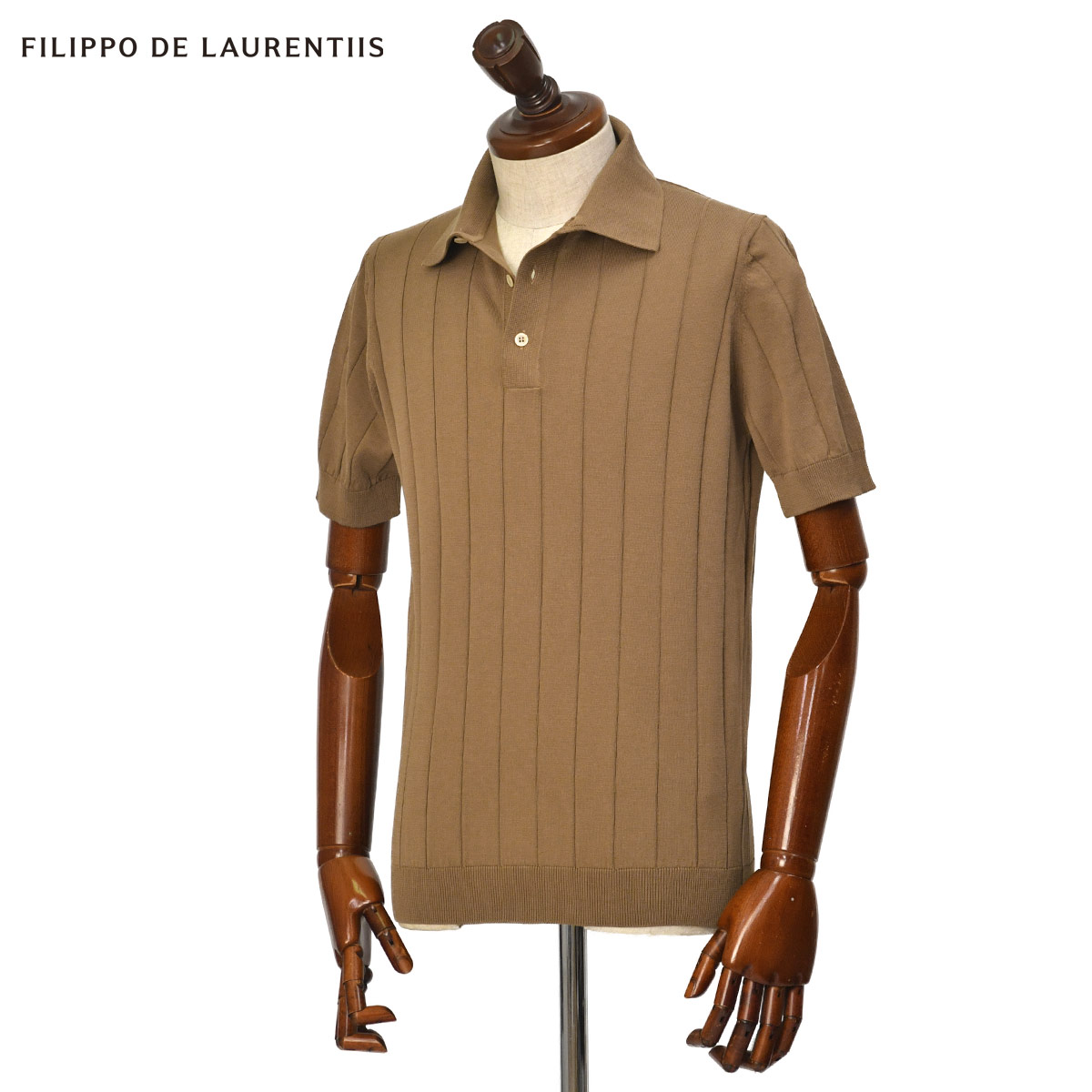 FILIPPO DE LAURENTIIS【フィリッポ デ ローレンティス】半袖ニットポロ PL1MC13 CR12C 070 クレープコットン 12G ハリヌキストライプ キャメル