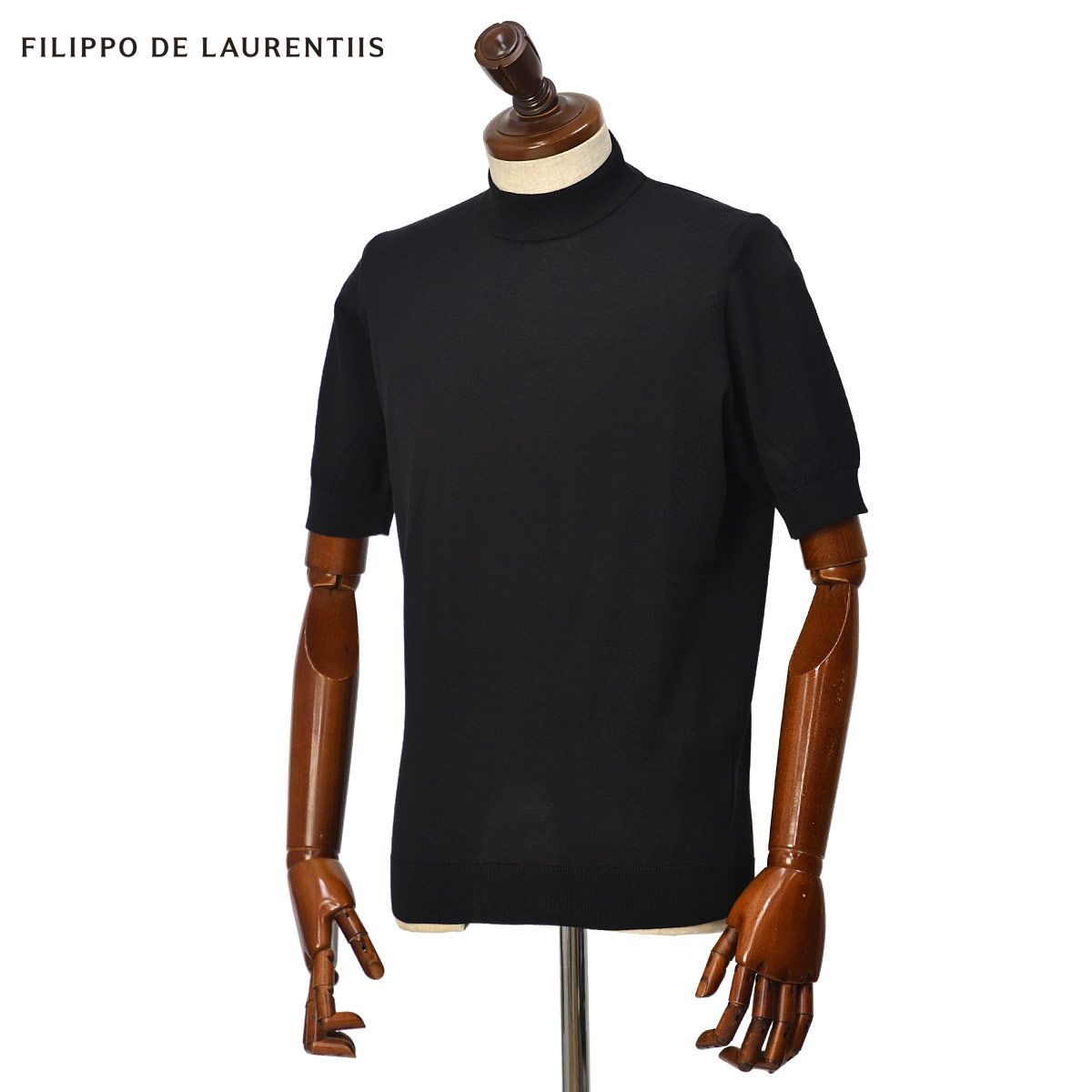 FILIPPO DE LAURENTIIS【フィリッポ デ ローレンティス】半袖モックネックニット LU1MC20 CR12R 990 クレープコットン 12G ブラック