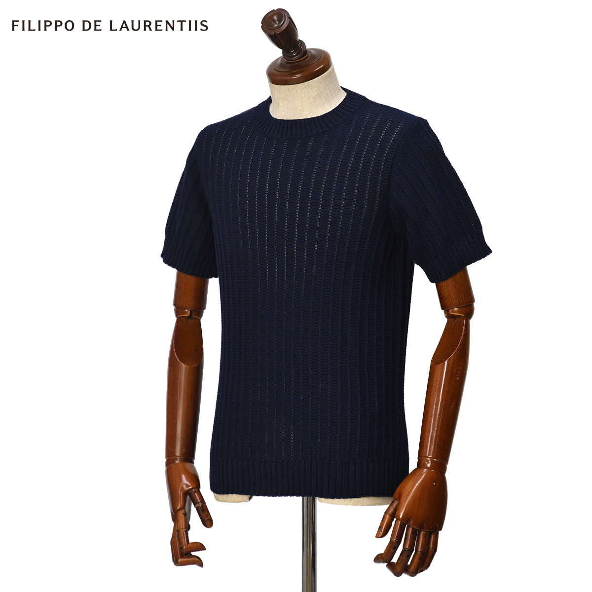 FILIPPO DE LAURENTIIS【フィリッポ デ ローレンティス】ローゲージすかし編みクルーネックニット GC3MC04 CM7B 891 コットン 7G インクブルー