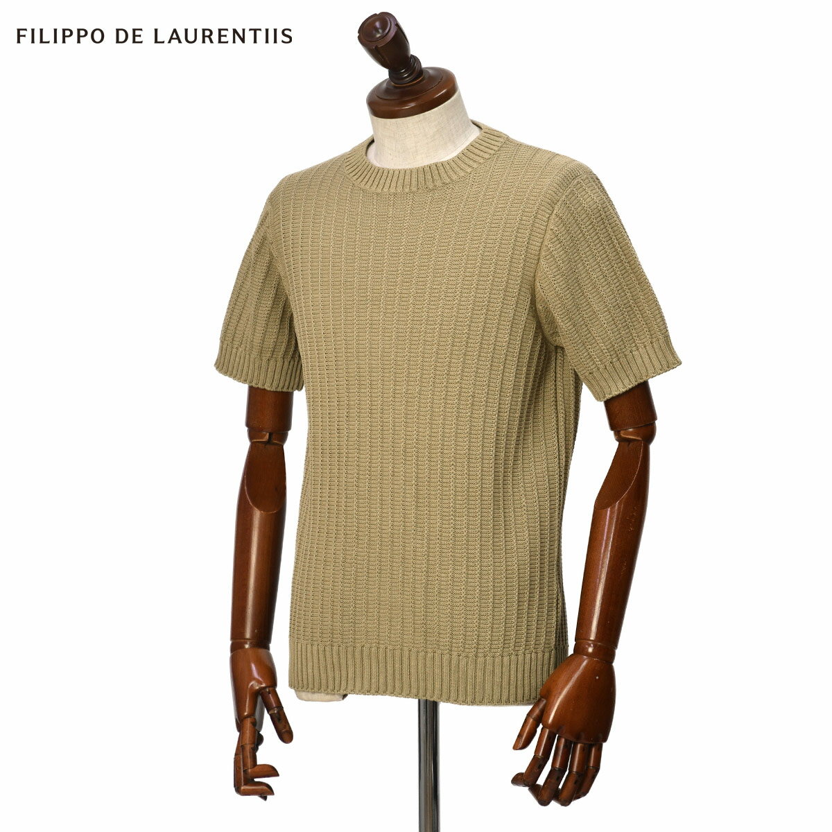FILIPPO DE LAURENTIIS【フィリッポ デ ローレンティス】ローゲージすかし編みクルーネックニット GC3MC04 CM7B 61 コットン 7G カーキベージュ