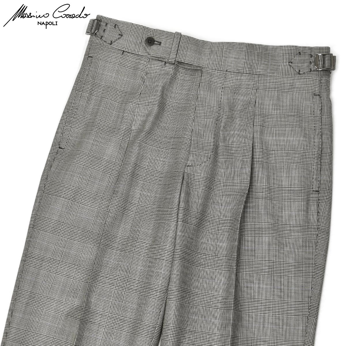 【3/20(金)20：00～ 最大2,500円オフクーポン】【ポイント5倍】Massimo Corrado【マッシモ コラード】ワンプリーツサイドアジャスターパンツ MC-06-261-076 BORBNE ヴァージンウール プリンス オブ ウェールズ グレー×ブラック×サックス