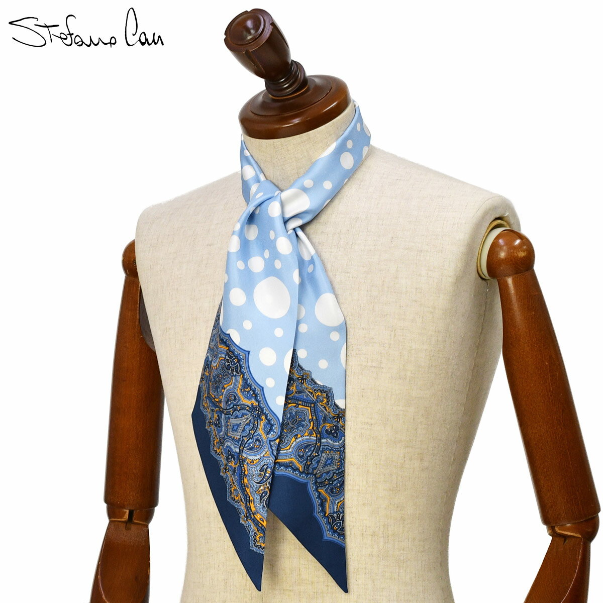 Silk - Stefano Cau【ステファノ カウ】ナロースカーフ TWILLINO S3113 シルク ドットペイズリー ブルー×サックス