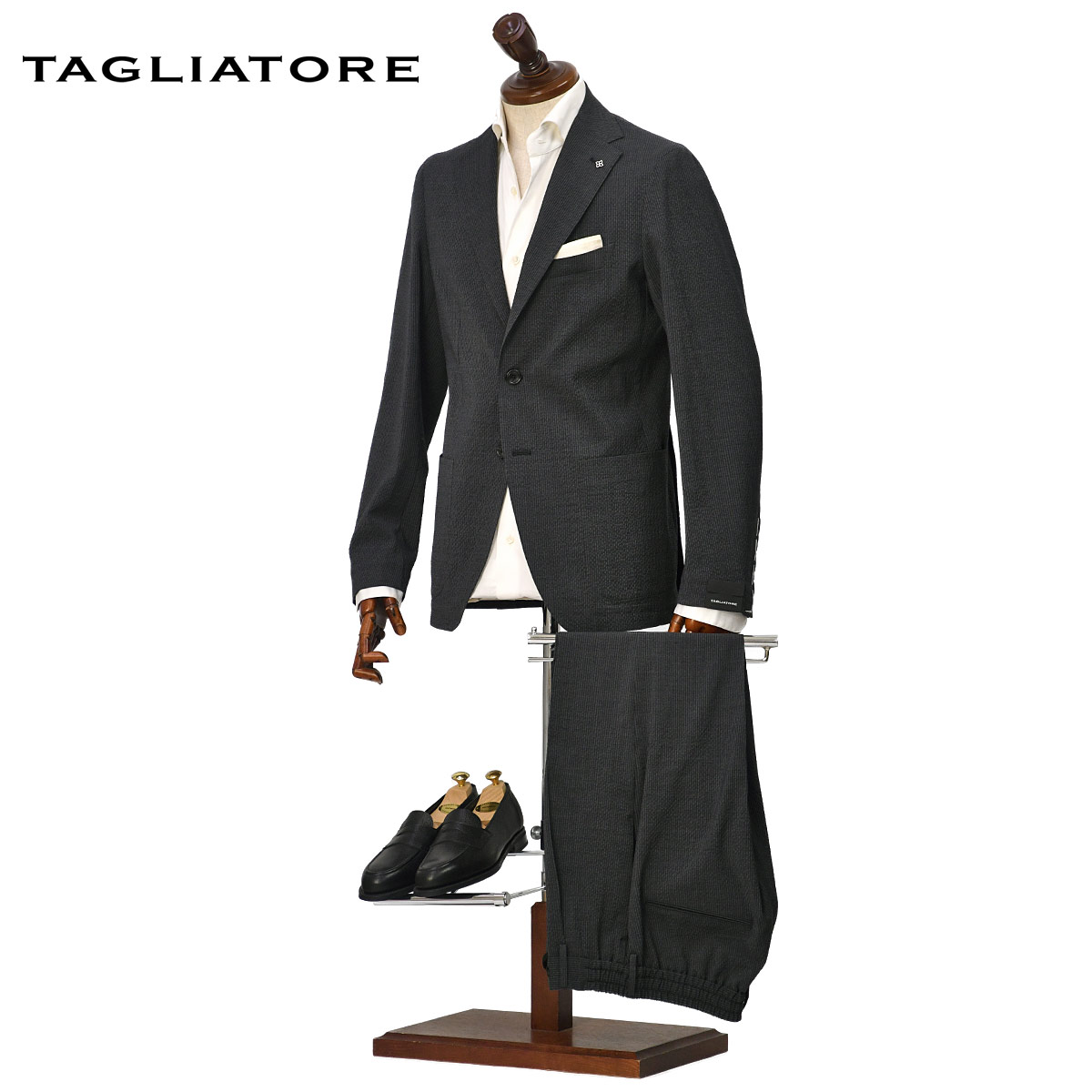 【最大5,000円オフクーポン】先行販売 早得【袖修理無料】TAGLIATORE【タリアトーレ】シングルスーツ A-DAKAR22K14 550019U S3406 ダカール ヴァージンウール ポリウレタン シアサッカー ストライプ チャコールグレー
