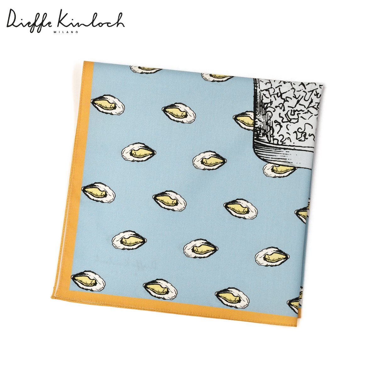 Dieffe Kinlochプリントハンカチ CHAMPAGNE and OSTRICHE コットン サックスブルー×マスタードイエロー