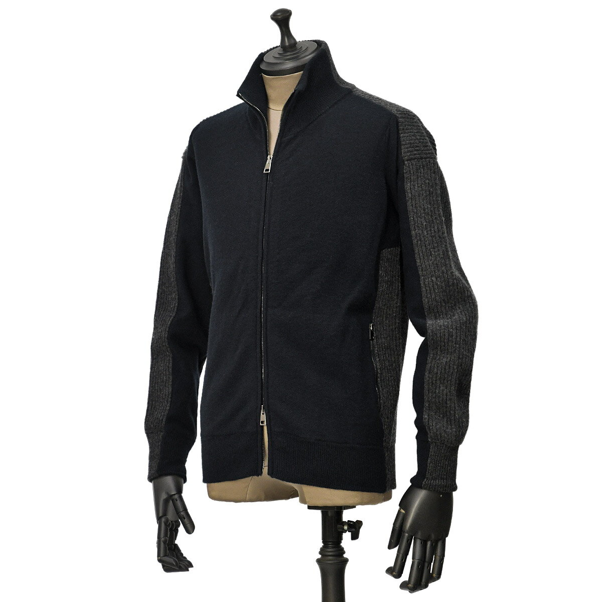 乐天商城 - roberto collina【ロベルトコリーナ】ハイネックジップニット 253M22108 10 NAVY GRIGIO スーパーファインメリノウール ネイビー グレー