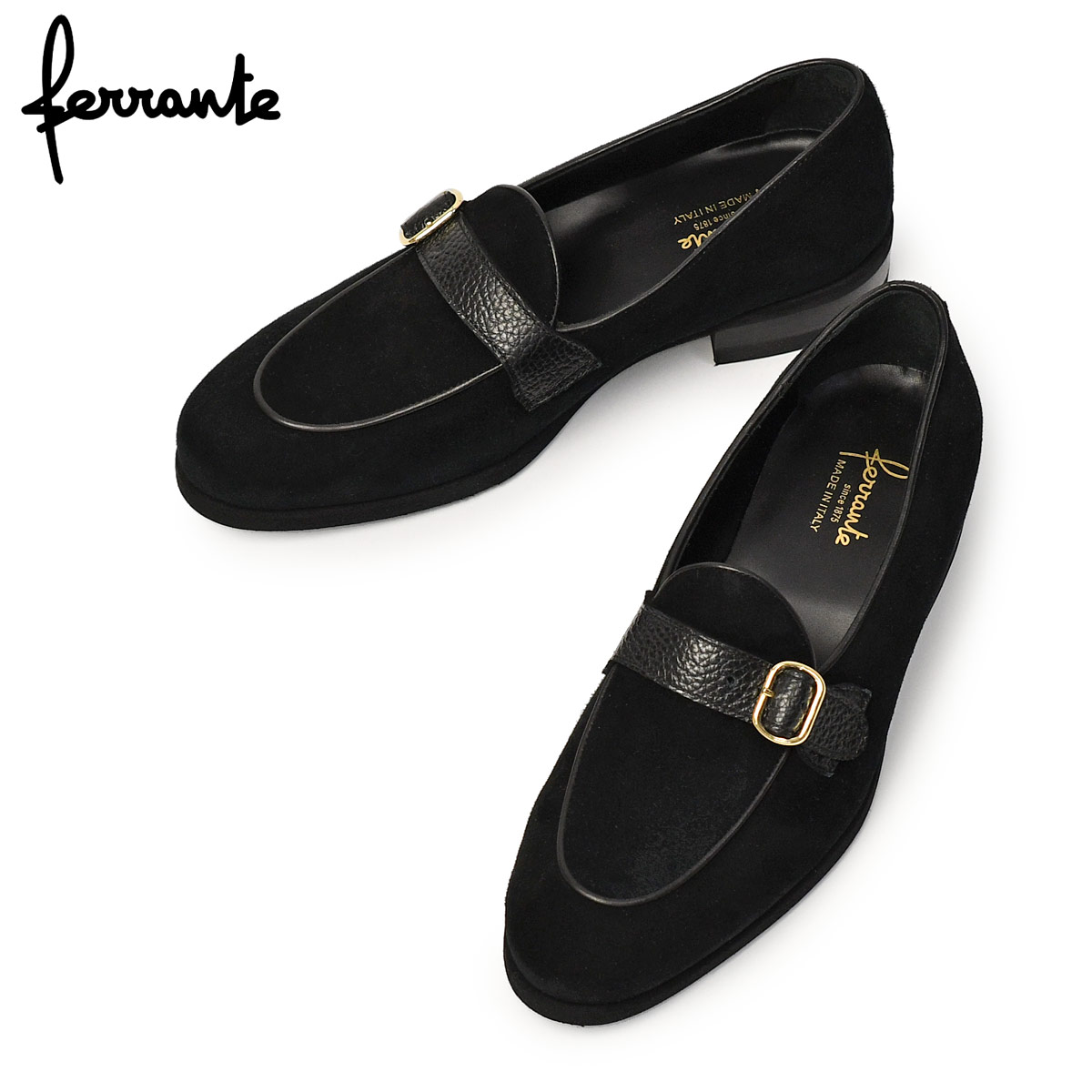 乐天商城 - Ferrante【フェランテ】シングルモンクストラップローファー SIRENA ETON CAMOSICO RASTY NERO 010 スエード エンボスカーフ ブラック