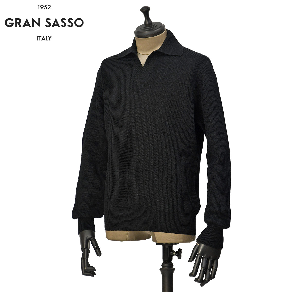 【3/18(水)20：00〜 ポイント5倍】GRAN SASSO【グランサッソ】スキッパーニットポロ 23160 18658 099 リネンコットン 8G ブラック