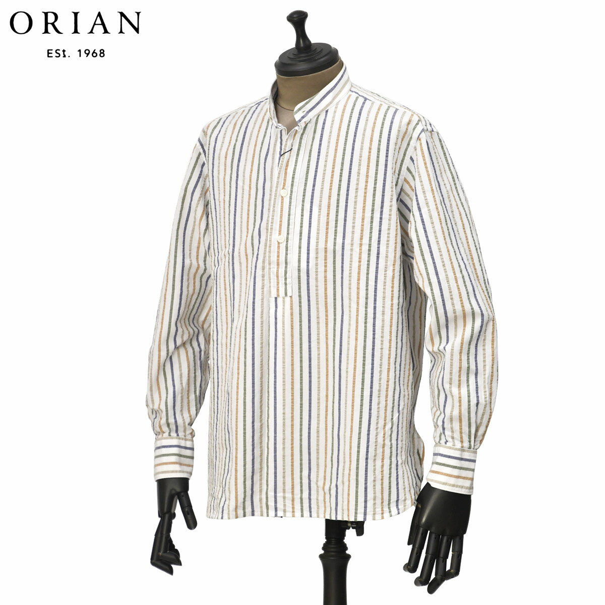 乐天商城 - 【5/9(土)20：00〜 最大5,000円オフクーポン】ORIAN【オリアン】バンドカラー プルオーバーシャツ 0GURU 02R616 60 コットン シアサッカー マルチストライプ