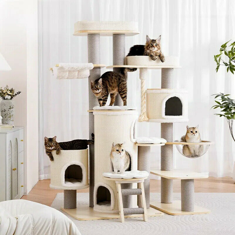 【天然木製】大型 キャッスルデザイン キャッツタワー 多頭飼い対応 猫ハウス＆爪とぎ一体型 スペースキャビン付き マンチカンにも最適 豪華猫タワー