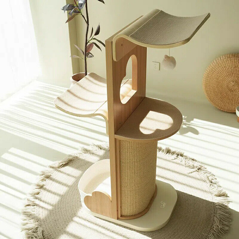 天然木製 曲げ木デザイン キャットタワー＆爪とぎ器 シザル麻ロープ付き 全サイズ対応 無塗装仕上げ 猫用家具