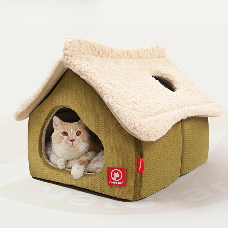 【冬の防寒対策に】洗える猫ハウスベッド すのこ付きで保温性抜群 猫のための暖かい小屋風ベッド 秋冬..