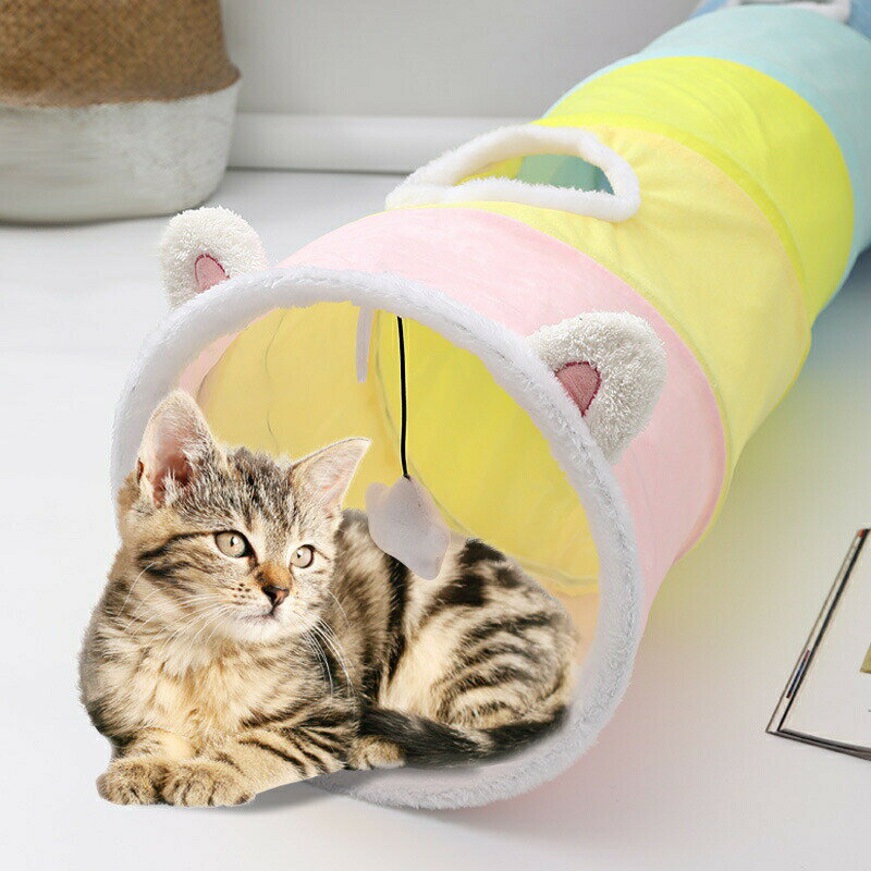 乐天商城 - 【新商品】猫耳デザイントンネル 一人遊び可能 猫用おもちゃ 折り畳み式プレイハウス 隠れ家&運動用 好奇心刺激 安全素材 ネコじゃらし付き