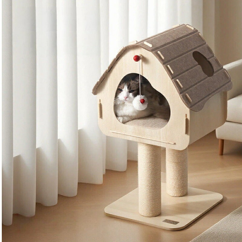 Rakuten - 【実木＆省スペース】猫用キャットタワー 猫窩一体型 一人暮らし・小户型向け コンパクト 爪とぎ付き キャットステップ おもちゃ付き ペット家具 組み立て簡単
