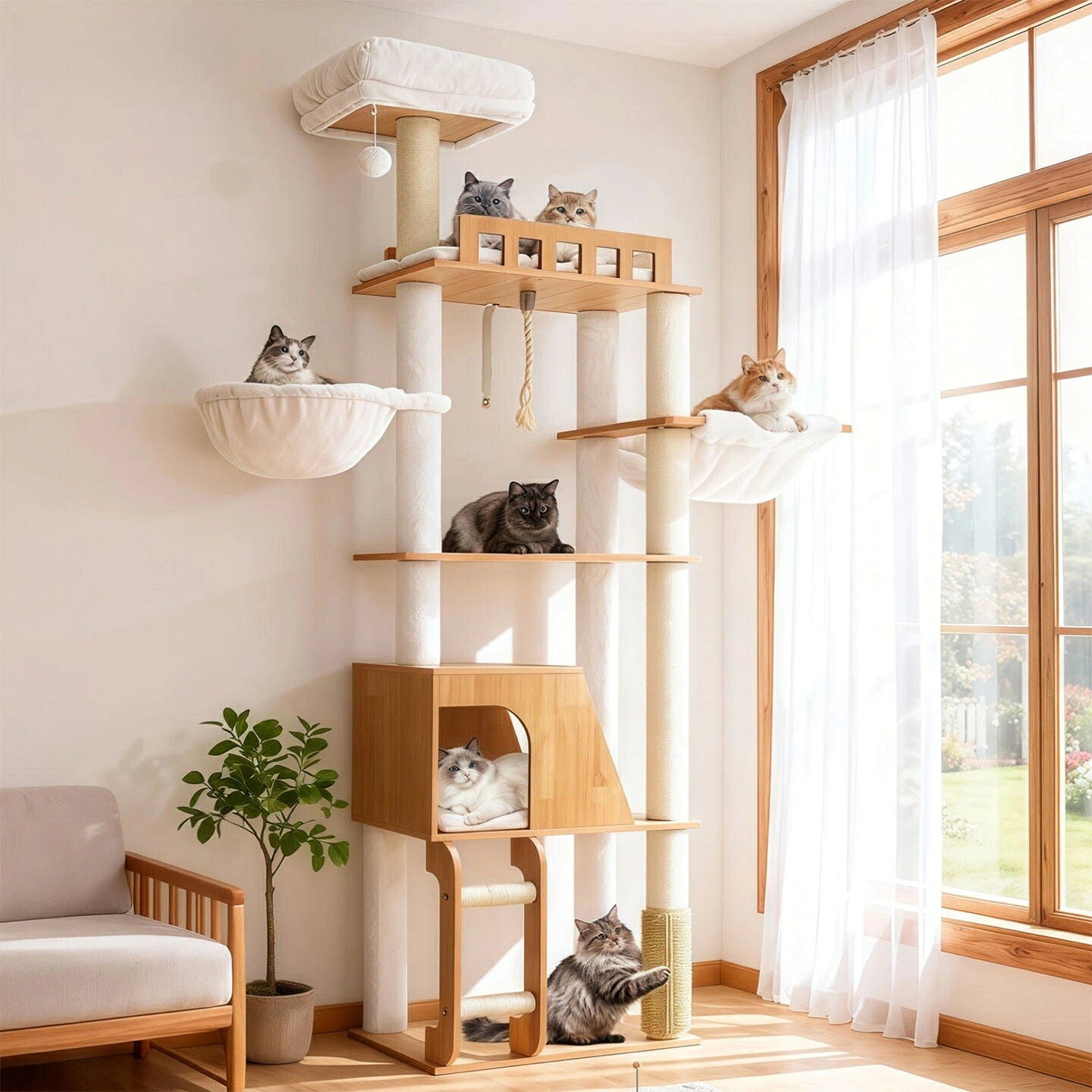 Rakuten - キャットタワー 大型 猫用 爪とぎ付き 猫ハウス 猫ツリー 一体型 天然麻縄 無垢材 シンプル 北欧風 メインクーン対応 安定感 抜群