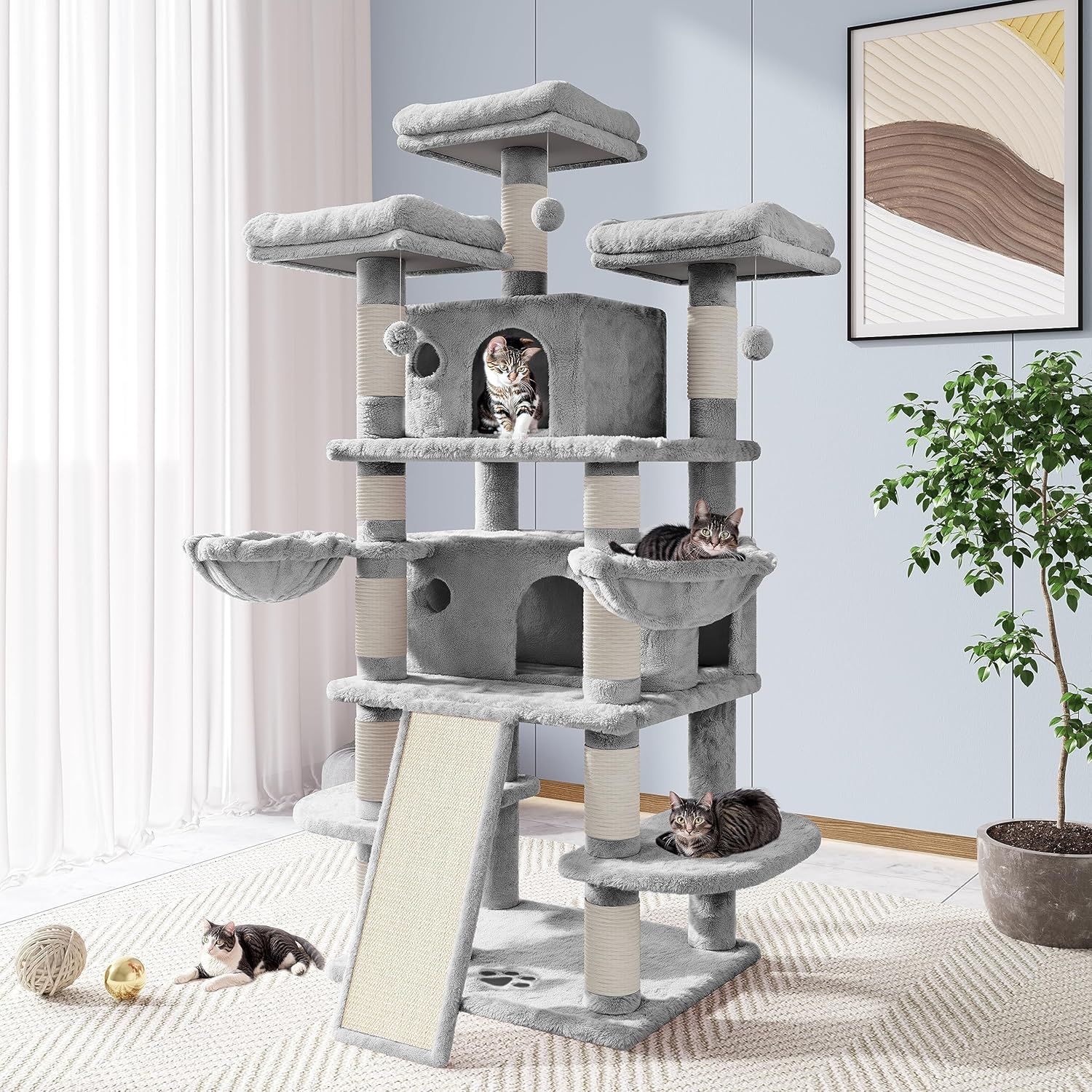 【多層・大型】キャットタワー 高さ180cm 猫用 ジャンボ 豪華 キャットハウス 高級感 安定感抜群 爪とぎポール付き 猫ベッド インテリア