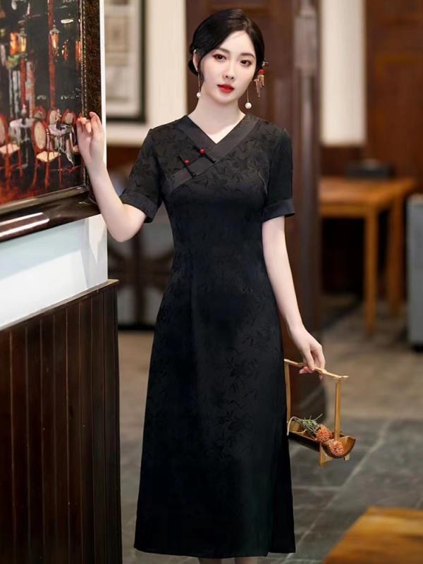チャイナドレス レディース パフォーマンス 撮影 ローネック チャイナ ドレス 大きいサイズ 黒 アオザイ