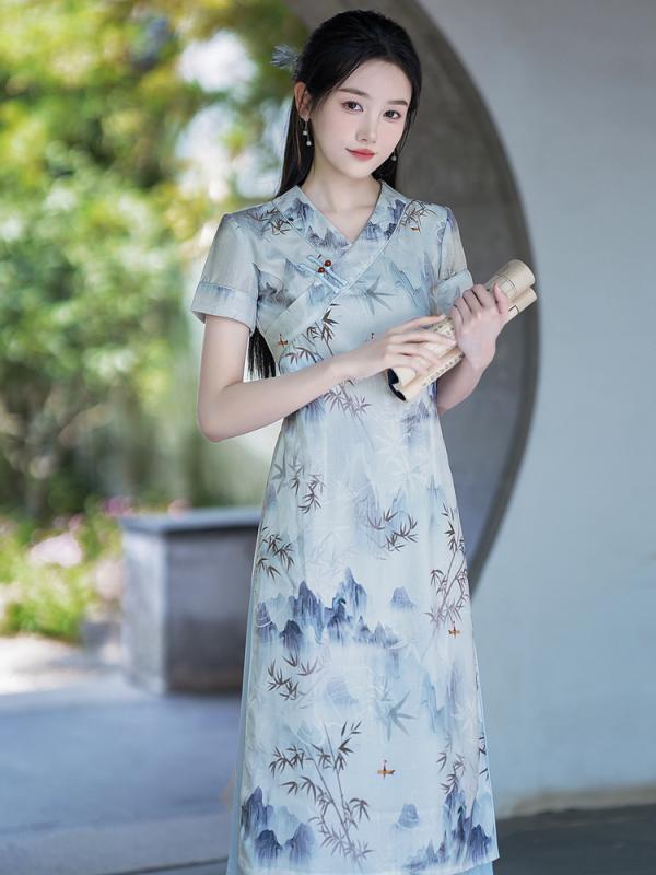 チャイナドレス レディース 半袖 レトロ 中国風 撮影 衣装 パフォーマンス 民族服 夏模様