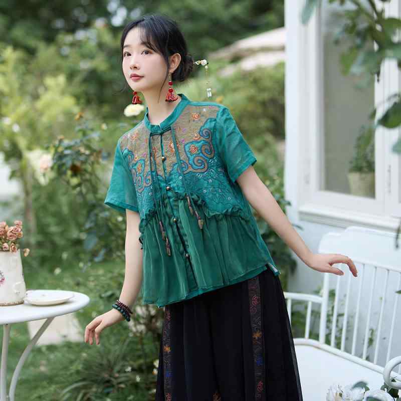 レディース エスニック 中国 刺繍 リネン ショート カラー 半袖 シャツ チャイナ風 夏 アウター