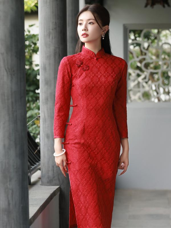赤い レース チャイナ ドレス 秋 新 中国風 ブライダル トースト 服 ウェディングドレス チャイナドレス レッド