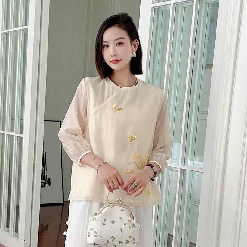長袖 シャツ スーツ 女性 ファッション トレンド 刺繍 トップス 風 中国風 女性 ボタン ダウン シャツ ラウンドネック