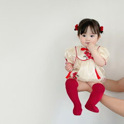 ベビー 夏服 プリンセス 服 女の子 赤ちゃん 生後 100日 チャイナ 夏 薄手 ロンパース 服 半袖 レッド