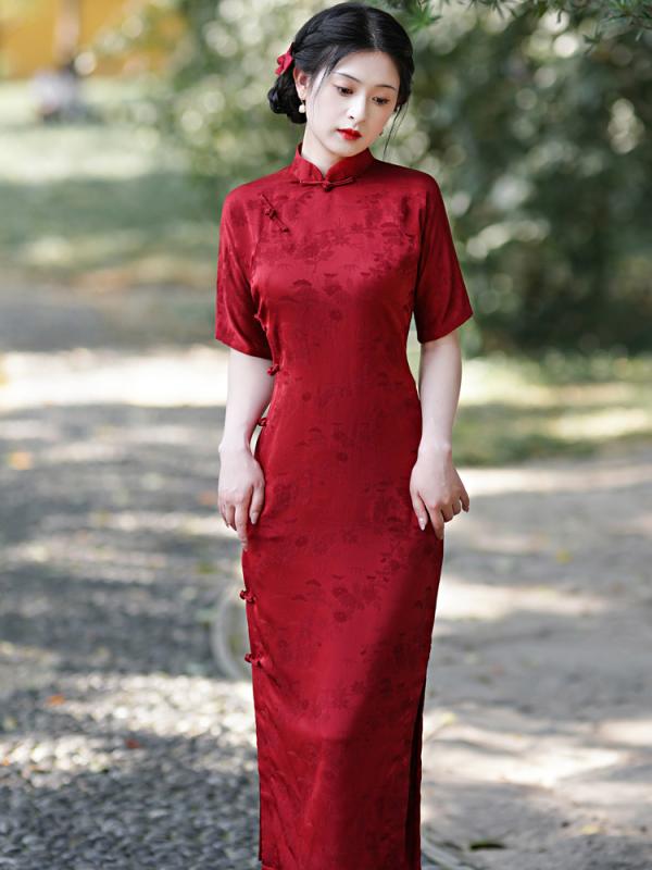 チャイナドレス レディース レトロ カーディガン 赤 チャイナ ドレス ワンピース 中華 若々しい エレガント 結婚式 婚約 ドレス ロースリット
