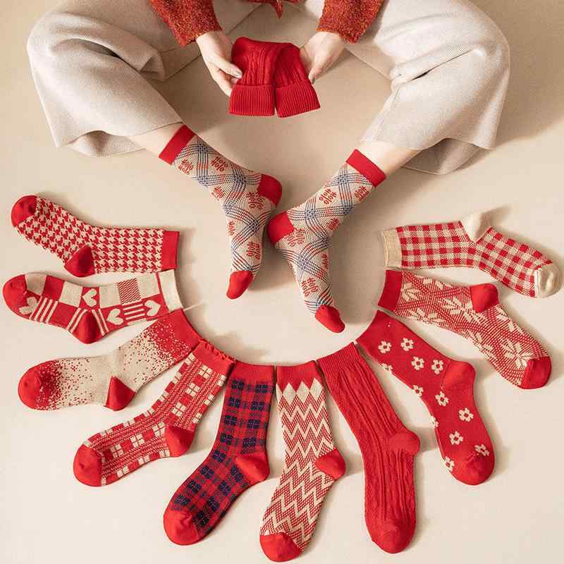 赤 靴下 ソックス カラーコットン ストライプ 女性 レディース 秋冬 レッド お祝い 綿 コットン ウェア