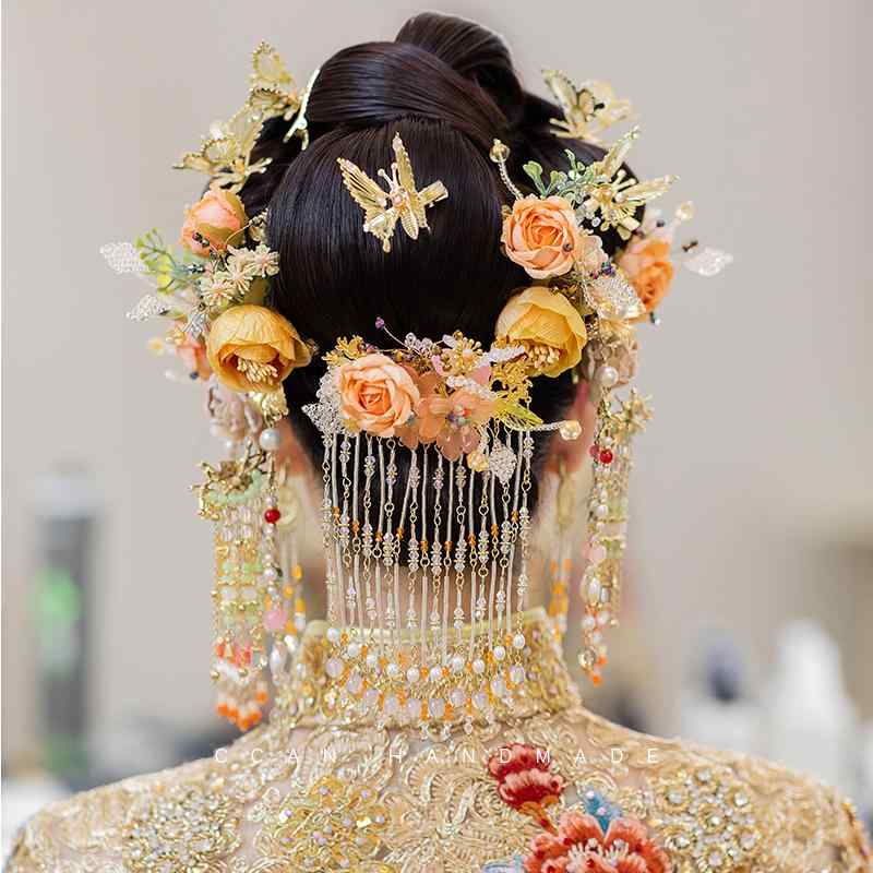 楽天サークルYouヘアアクセサリー 花 中国風 頭飾り 花嫁 ウェディングドレス メイクアップ 漢服 写真 アクセサリー 王冠 簪 髪飾り クラウン ブライダル