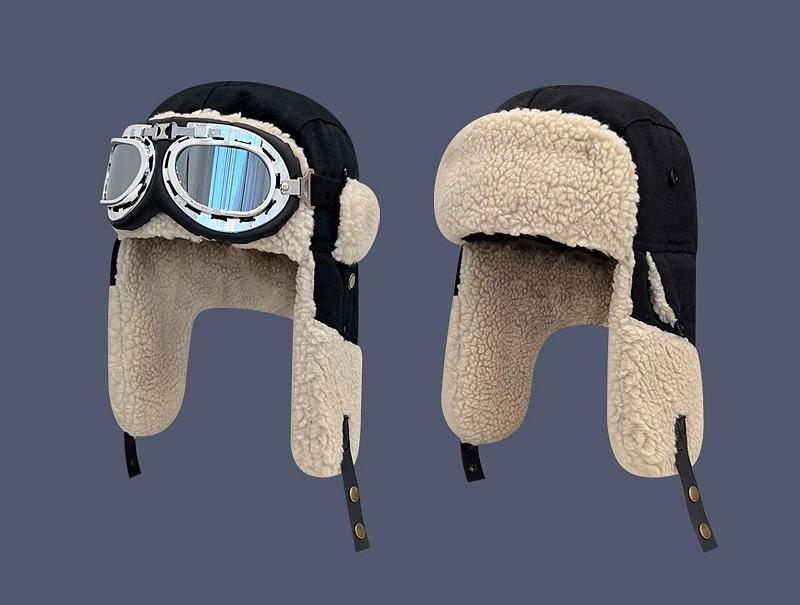 帽子 レトロ アビエイター サングラス スキー 帽子 レディース 秋冬 暖かい 子羊 ベルベット 耳保護 ロシア帽子 飛行士