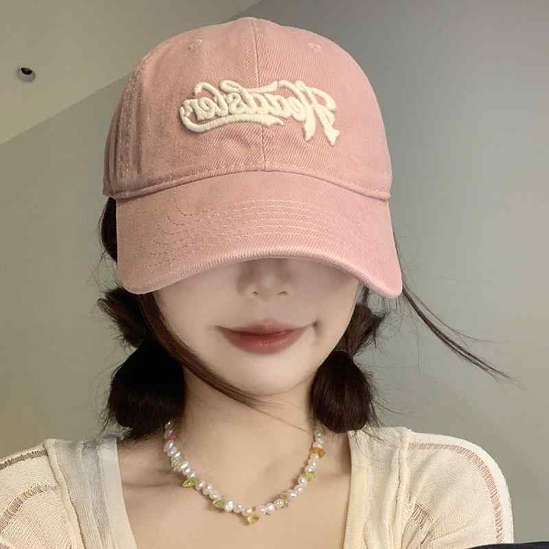 女性用 ピンク 刺繍 ベースボールキャップ 韓国 つば広 ひさし付き キャップ 帽子