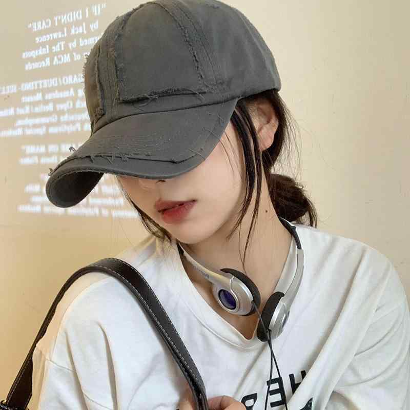 女性用 つば広 野球帽 グレー ダメージ加工 汎用性 ソフトトップ ひさし帽 シルクハット
