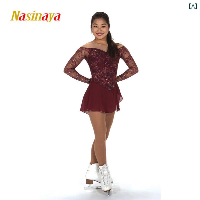 フィギュア スケート ウェア 子供 大人 女の子 パフォーマンス 衣装 競技 試験 スカート ワイン レッド レース グリッター