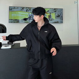 セット アップ メンズ 秋 韓国 スプライシング プロファイル カーディガンジャケット スタイリッシュ パンツ2点セット 黒