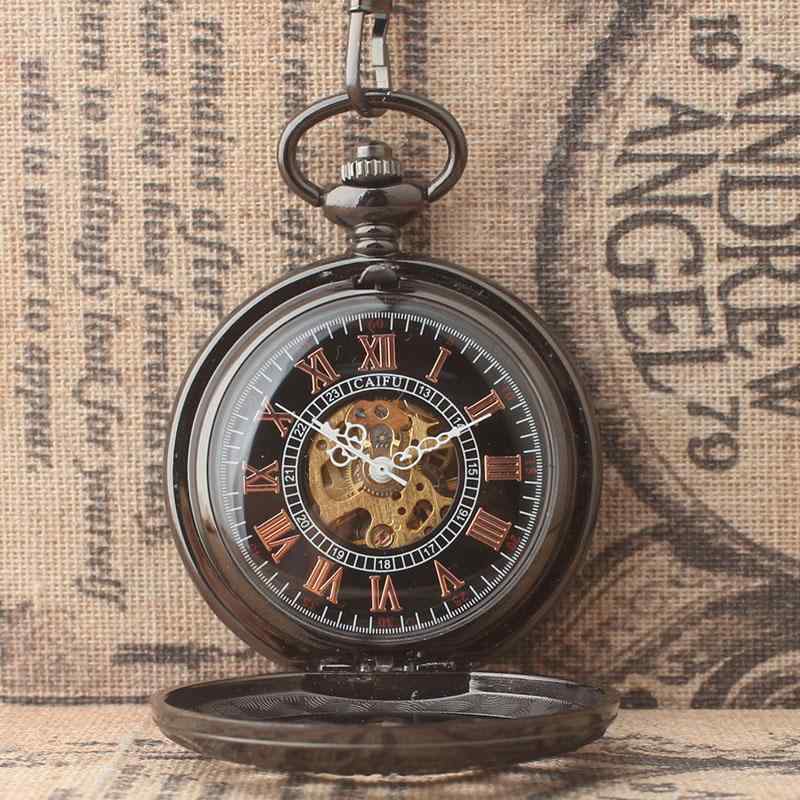 懐中時計 吊り時計 クラシック レトロ ノスタルジック タングステン 鋼 ブラック ローマン 丸 穴 機械式 メンズ レディース チェーン ウォッチ 記念 時計