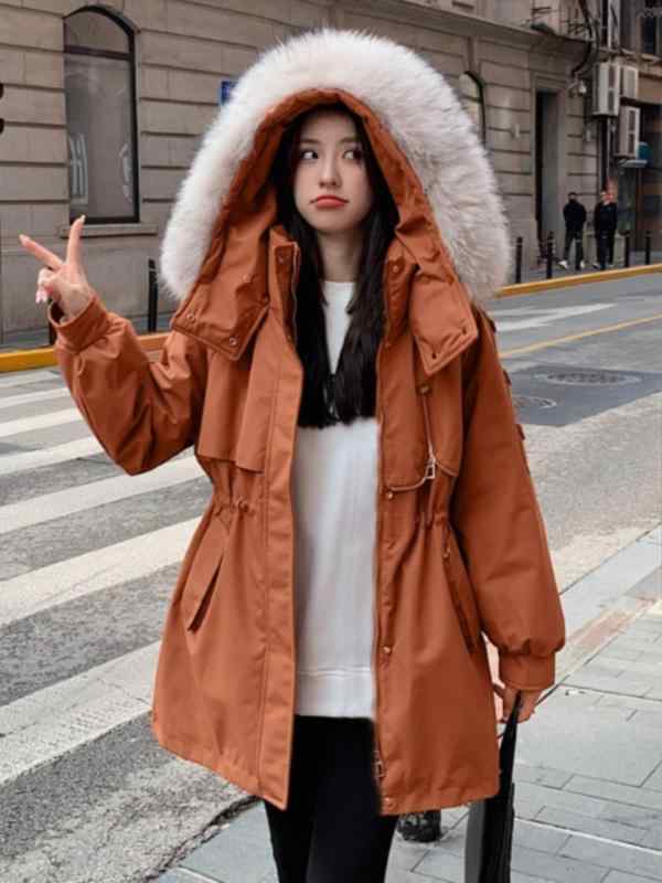 レディース アウター 大きい毛皮襟 韓国 冬 厚手 綿入りジャケット ミドル丈 ダウンジャケット フード付き