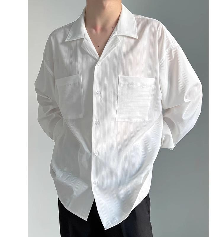 メンズ 韓国 白 シャツ イン ネット ハイエンド コールド ダーク ストライプシャツ 秋 ゆったり 形状記憶