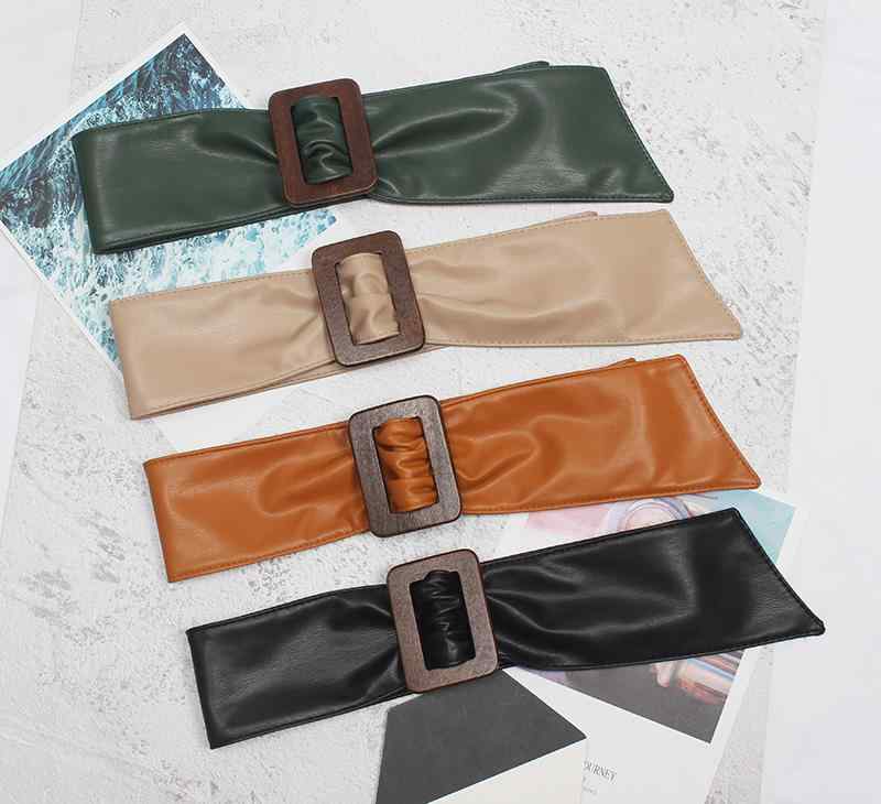 レディース アメリカ レトロ ファッション ソフトレザー 木製 バックル 穴なし ベルト ワイド 韓国 マッチング スーツ ドレス ガードル 装飾