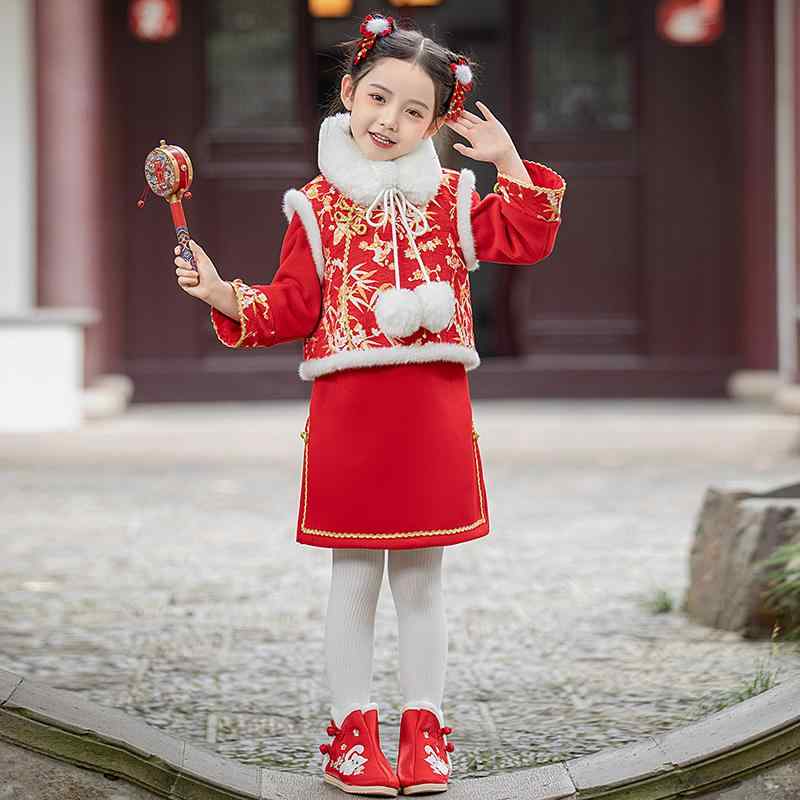 チャイナ ドレス かわいい 女の子 赤い 唐服 チャイナ風 冬 厚手 ベスト 子供服 辰年 新年 ご挨拶 中国風 キッズ