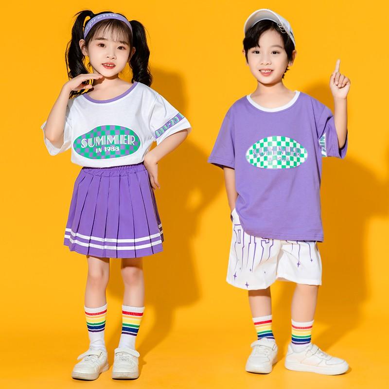 子供用 キッズファッション パフォーマンス 発表会 イベント 衣装 コスチューム ユニフォーム チアリーディング 紫 白