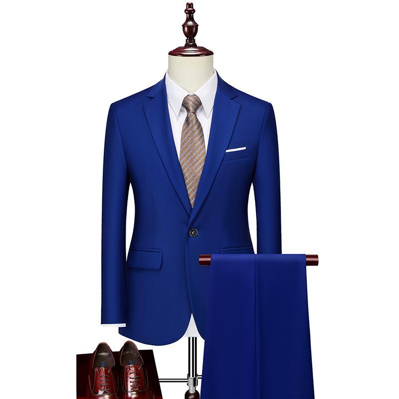 メンズ サファイア ブルー スーツ スリム カジュアル ノーアイロン スタッフ ユニフォーム 特大サイズ 紳士服