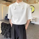 メンズ トップス 夏 チャイナ風 スタンドカラー 半袖 Tシャツ バックル レトロ ショルダーパッド スタンドカラー ゆったり