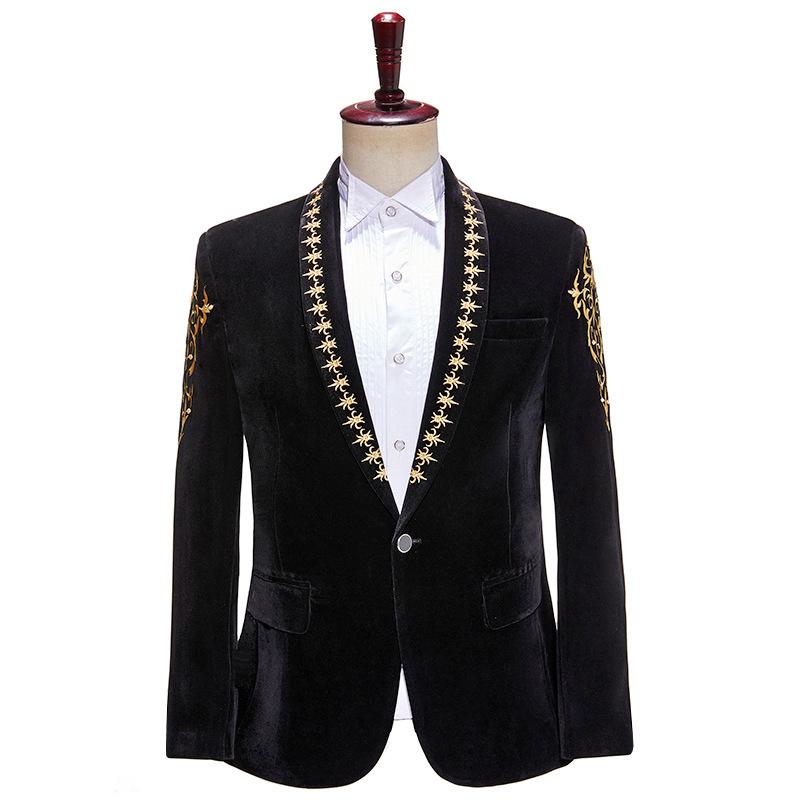 メンズ パフォーマンス ベルベット 刺繍 ブラック ステージ ホスト シンガー スーツ ジャケット ドレス 1