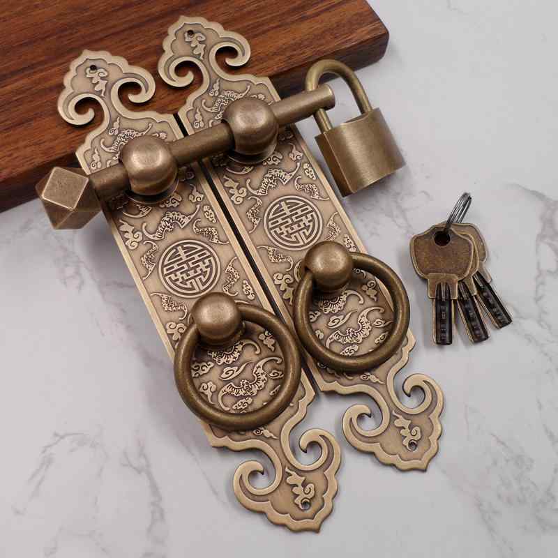 ドア ハンドル アンティーク風 銅 ブロンズ 中国 木製 取手 レトロ 真鍮 青銅 プルリング 古風 鍵 ロック 厚め
