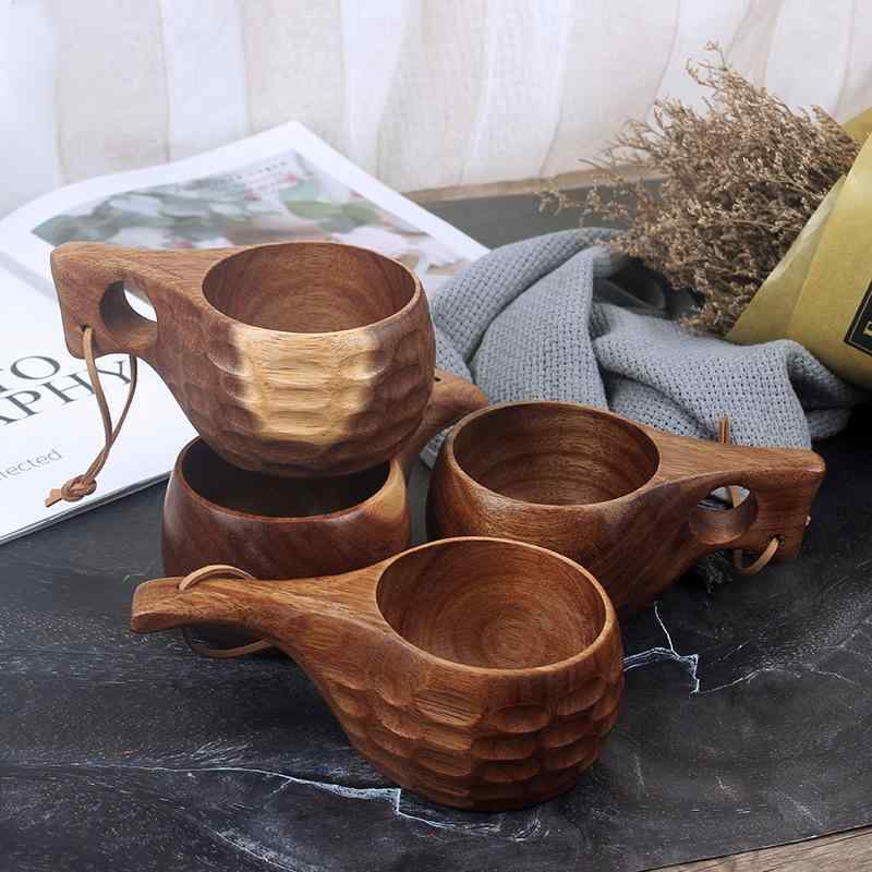 アカシア材 フィンランド カップ 木製 べっ甲 彫刻 ミルク カップ 屋外 キャンプ スプーン ハンドル 付き 木製 コーヒーカップ