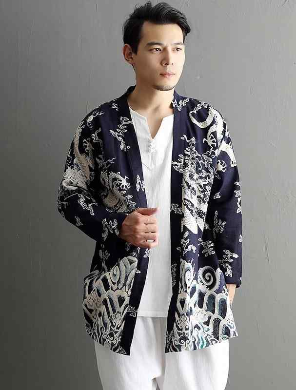 チャイナ風 メンズ コート 中国 レトロ プリント カーディガン 夏 薄手 長袖 綿 リネン トップス
