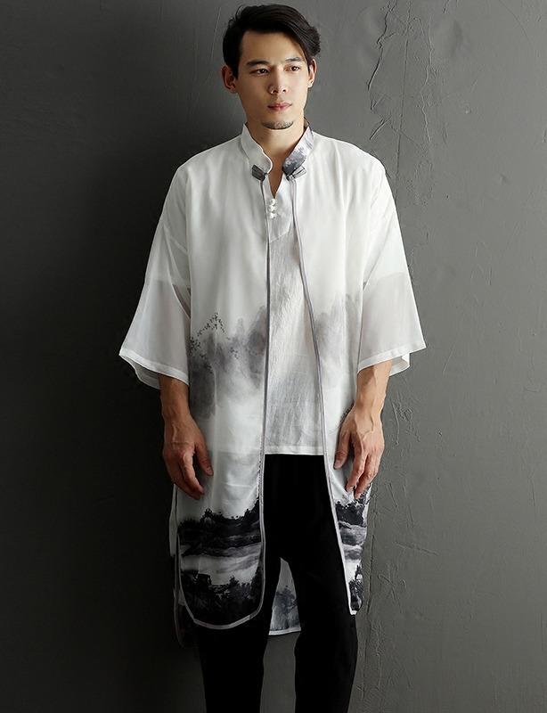 チャイナ風 サマーシャツ プリント レトロ 薄型 日焼け防止 カーディガン スタンドカラー 中国 男性 ミッド スリーブ 禅茶道 スーツ