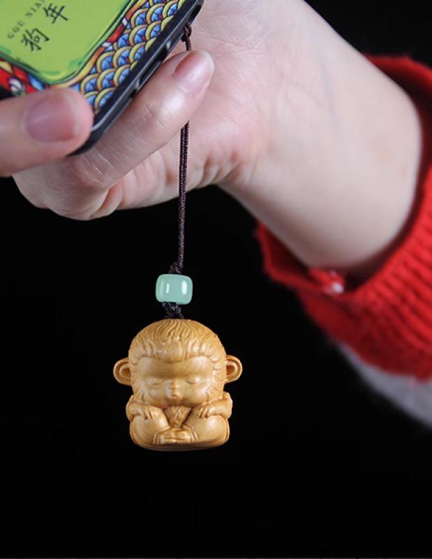 中国風 アクセサリー ハンドル 彫刻 木製 猿 チェーン 木製 孫悟空 キーホルダー ツゲ 彫刻 干支 猿 ハンドル 部分